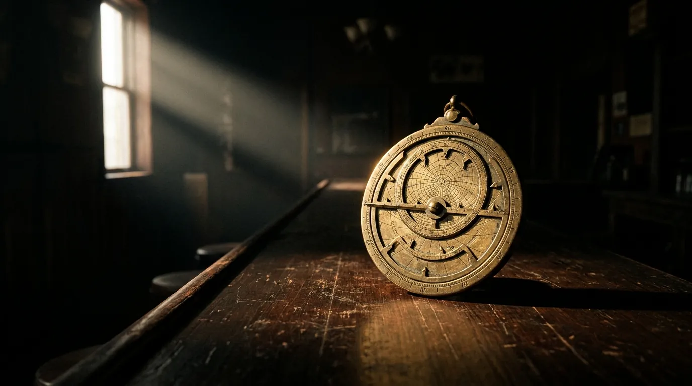 A brass astrolabe on a dark table, lit by a single window.