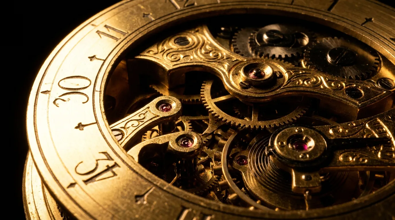 The movement of a pocket watch, gears and jewels exposed.