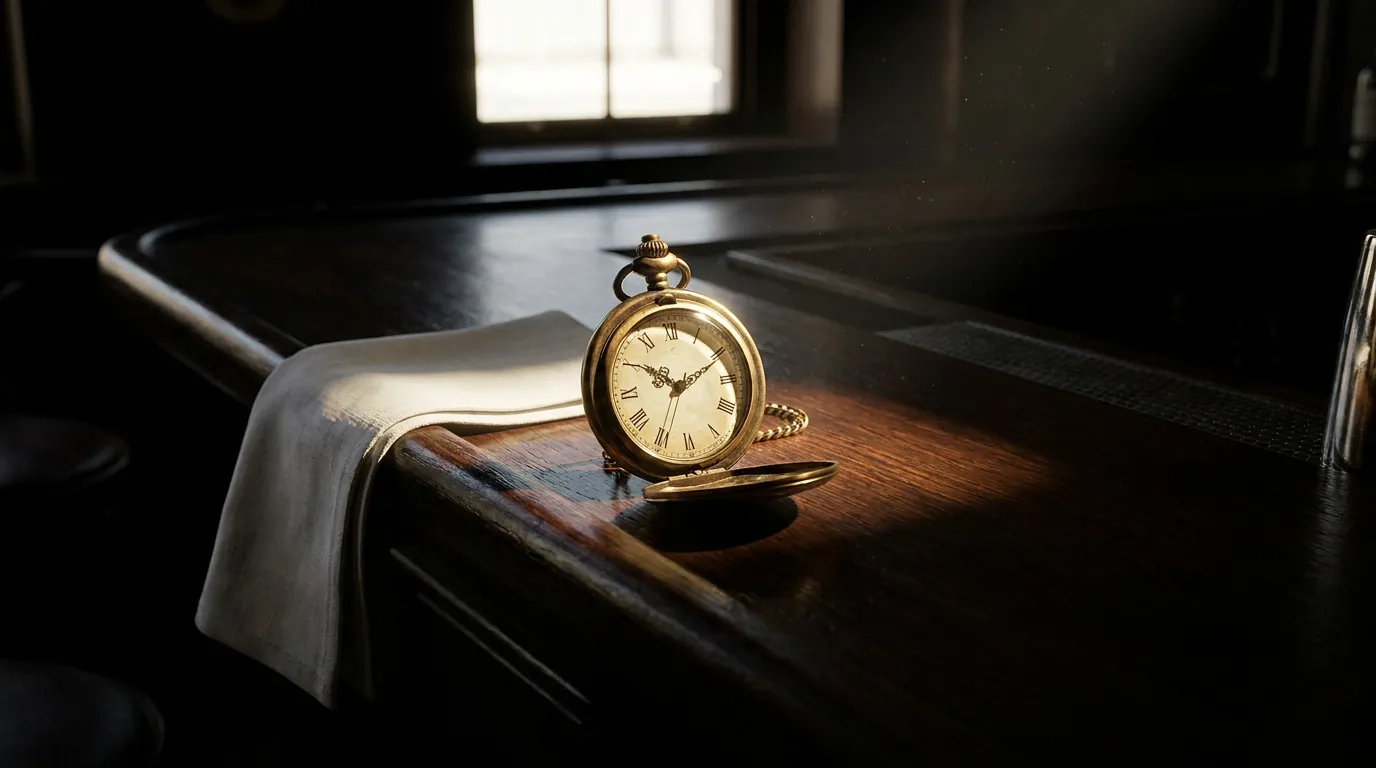 A pocket watch resting on a bar beside folded linen.